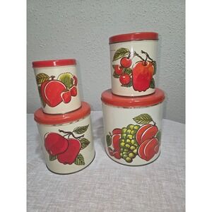 Vintage Ballonoff Nesting Kitchen Canisters Set of 4 Fruit Motif Metal Tins USA